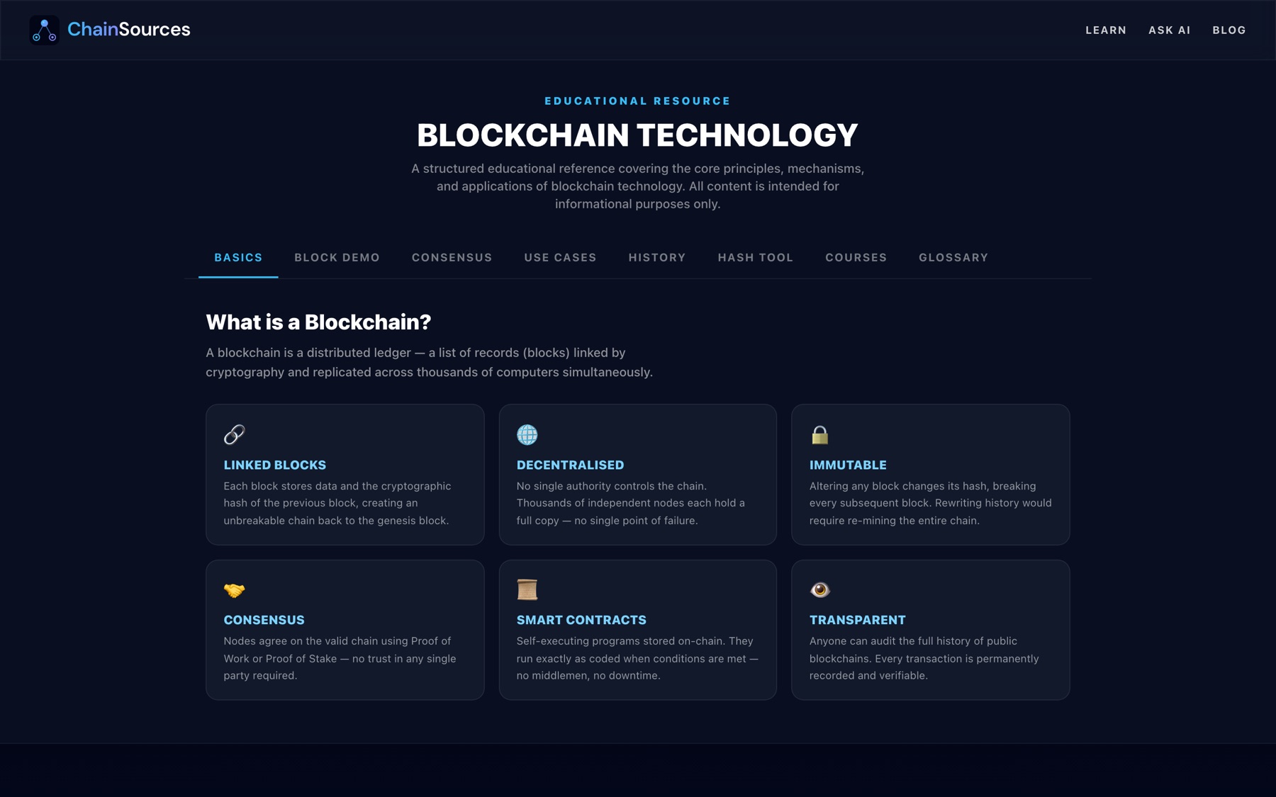 The ChainSources blockchain reference open at “What is a Blockchain?”, with cards explaining linked blocks, decentralisation, immutability, consensus, smart contracts and transparency.