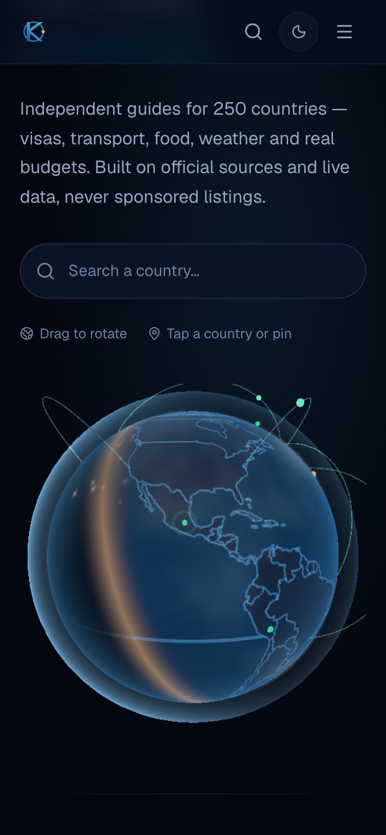 KarismaTrip on a phone: the country search above the rendered globe, showing the Americas, the day-night terminator and its orbital arcs.