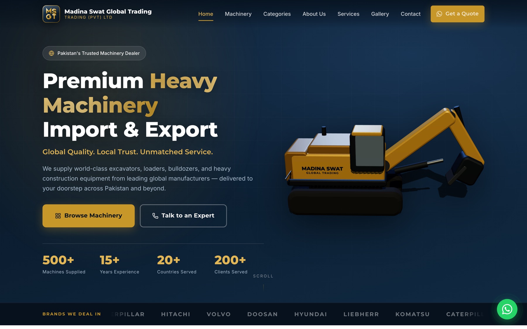 The Madina Swat Global Trading home page: heavy machinery import and export, a rendered excavator in the company’s livery, and the machinery brands the business deals in.